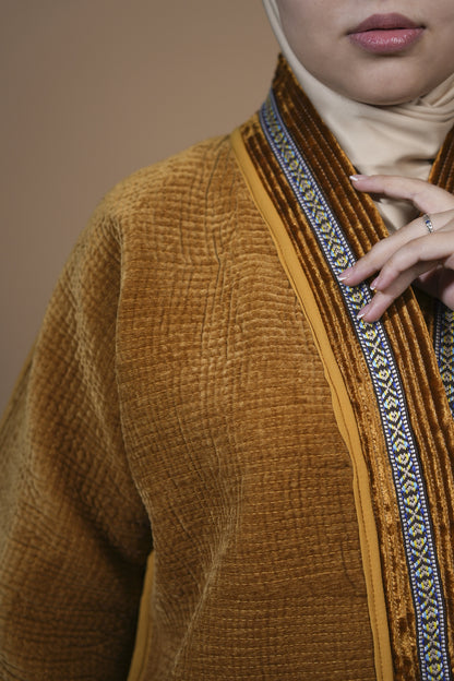 Golden Velvet Chapan with Traditional Ikat Back Panel — Hand-Embroidered