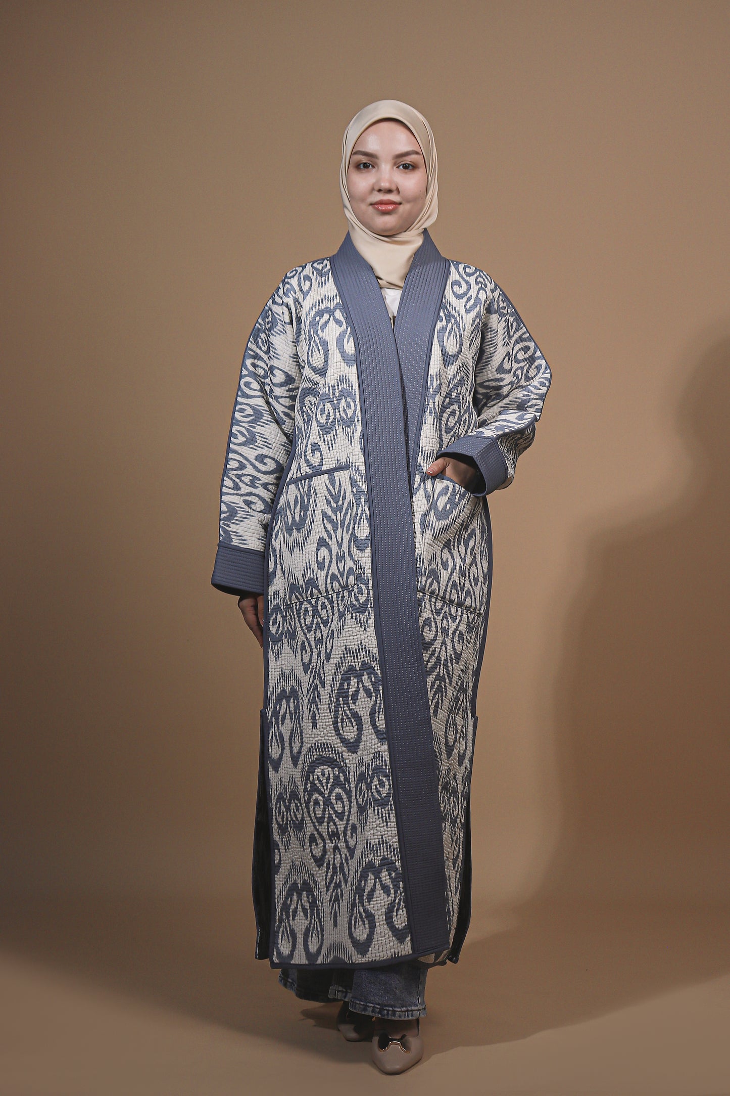 Reversible Ikat Chapan —  Blue & White — Hand-Embroidered — Includes Matching Tote