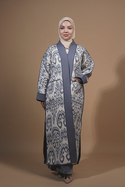 Reversible Ikat Chapan —  Blue & White — Hand-Embroidered — Includes Matching Tote