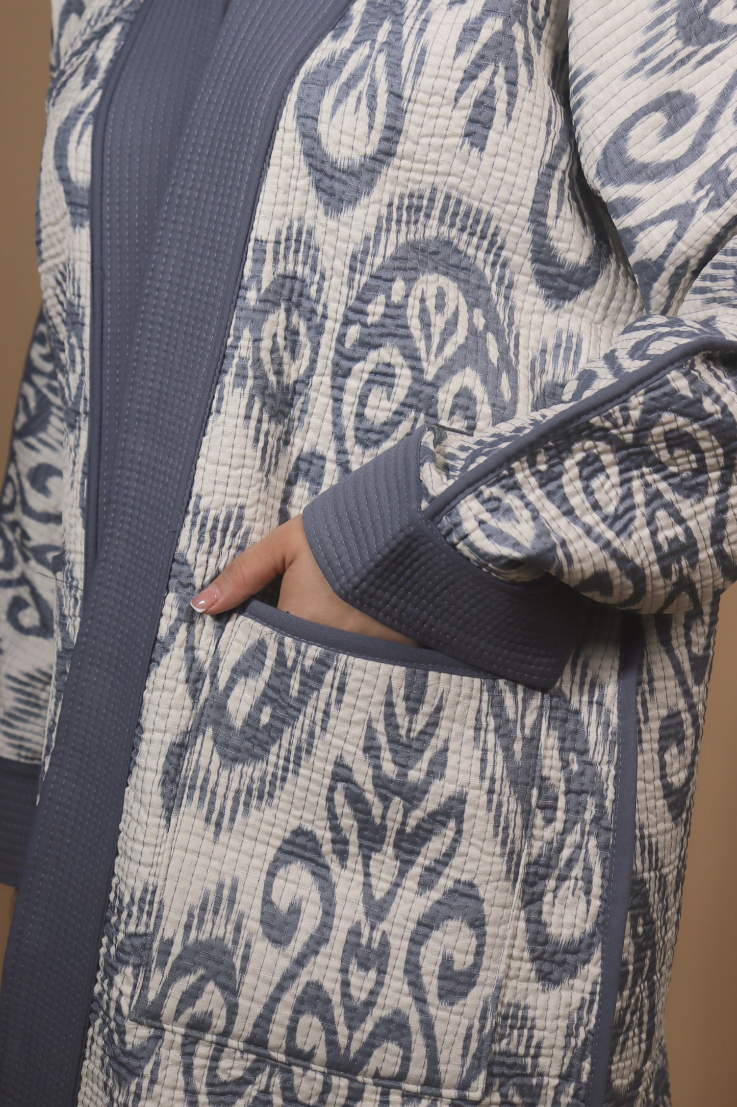 Reversible Ikat Chapan —  Blue & White — Hand-Embroidered — Includes Matching Tote