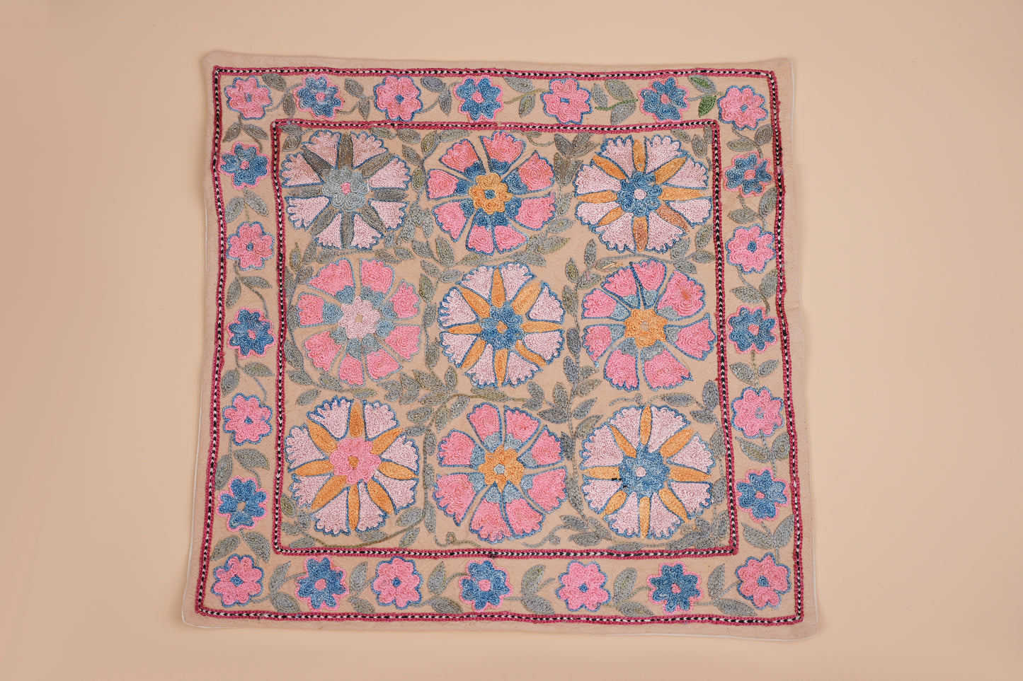Hand-Embroidered Floral Pattern Pillow Case – Pink & Blue