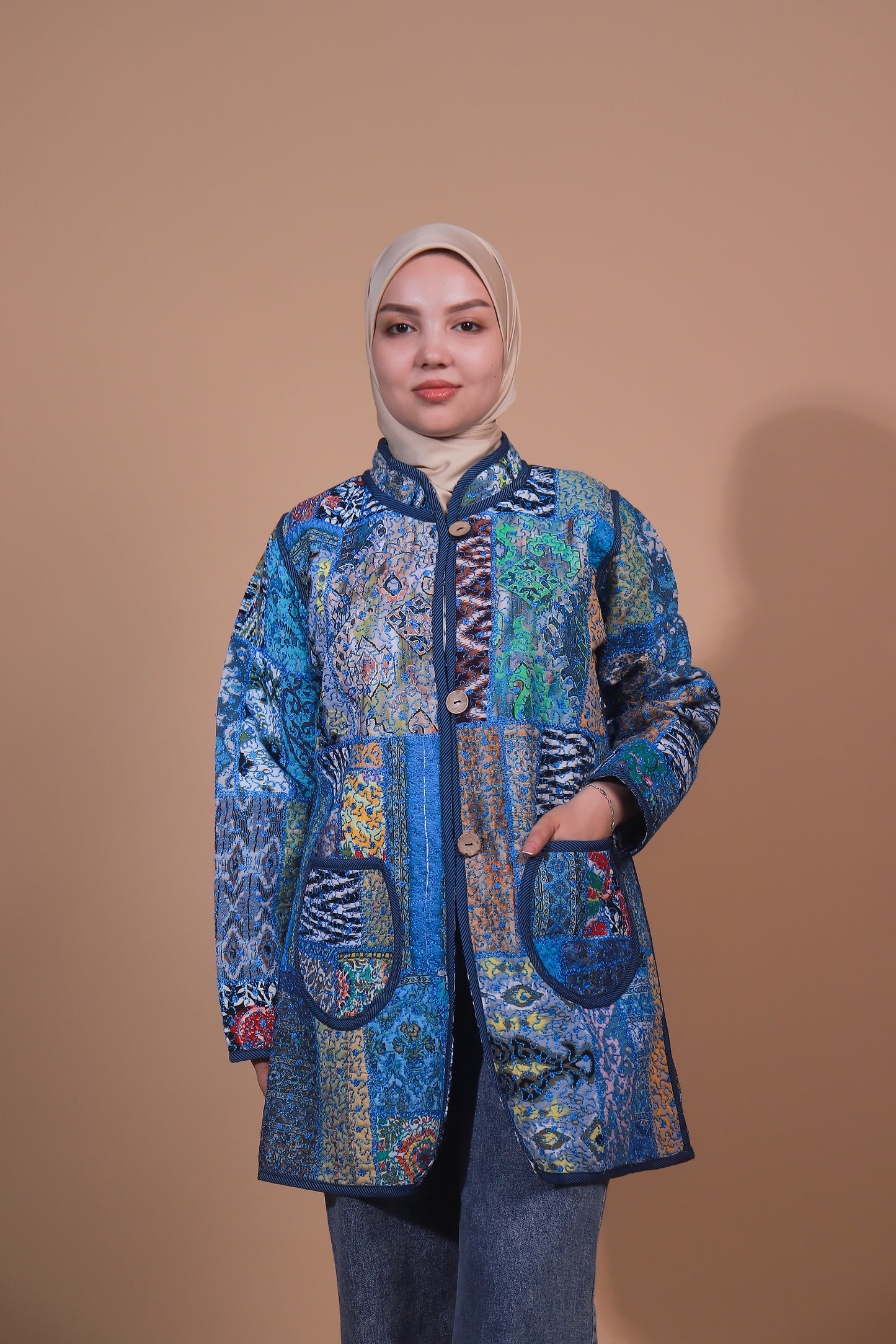 Patchwork Ikat Chapan — Blue Elegance — Hand-Embroidered