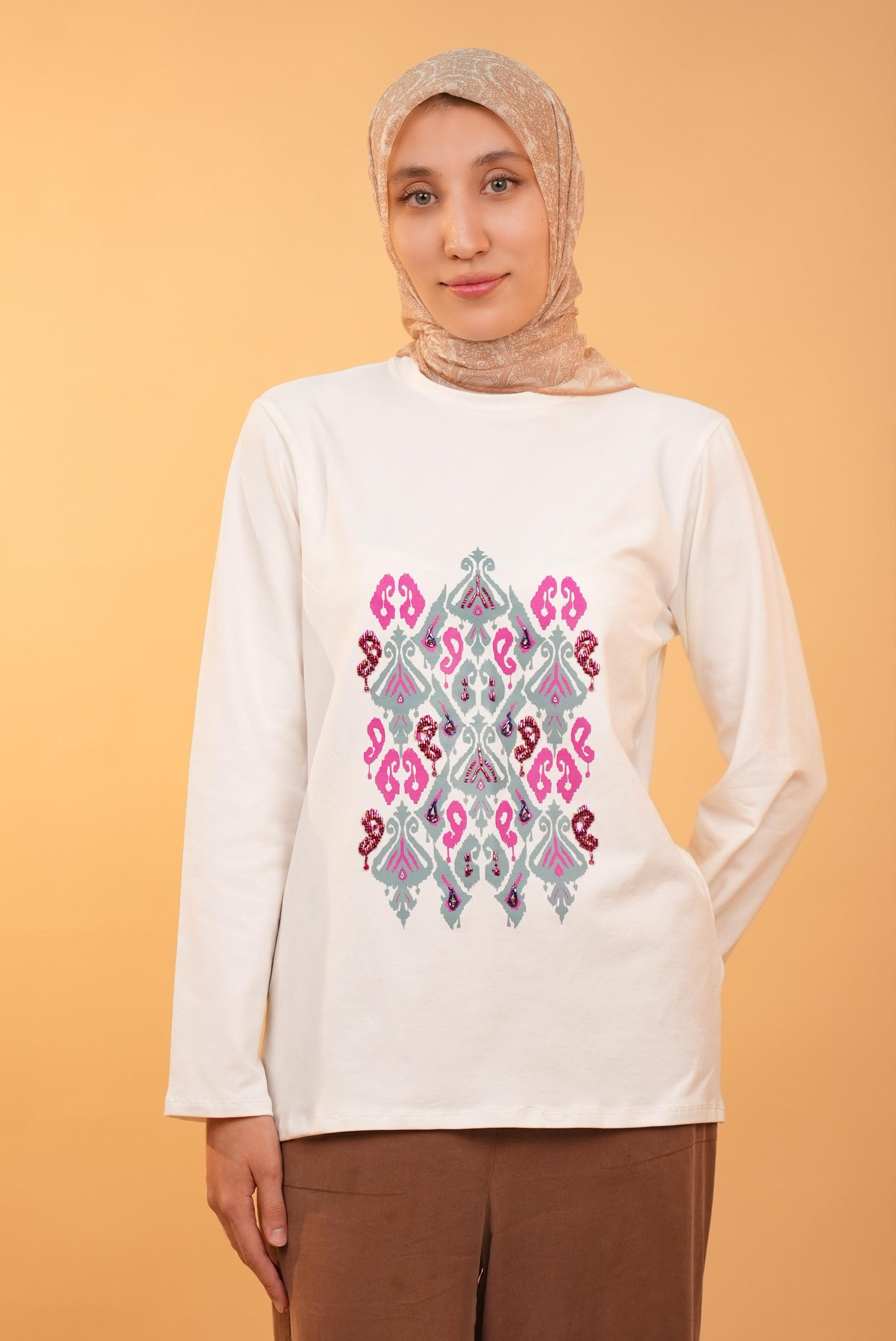 Ikat Bloom - Aqua —  White —  Hand-Beaded