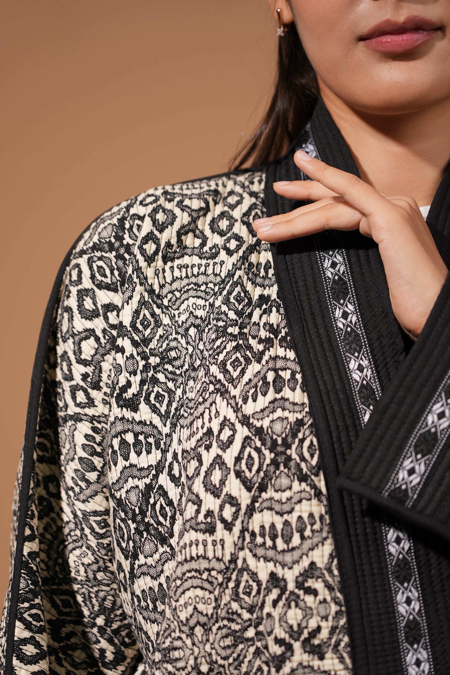 Black & White Reversible Short Chapan — Traditional Ikat Design — Hand Embroidery