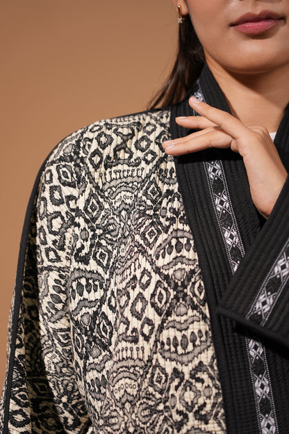 Black & White Reversible Short Chapan — Traditional Ikat Design — Hand Embroidery