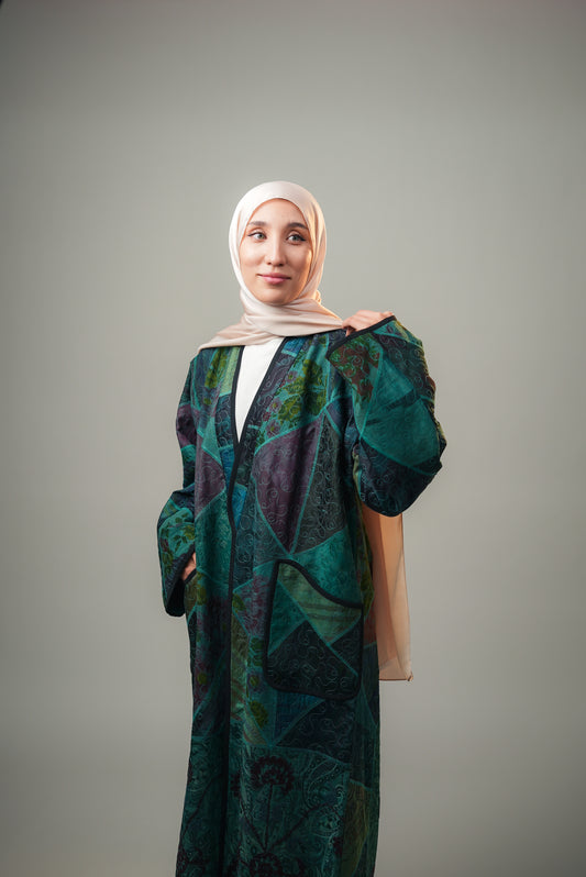 Emerald Patchwork Long Coat — Hand-Embroidered — Free cream color satin scarf