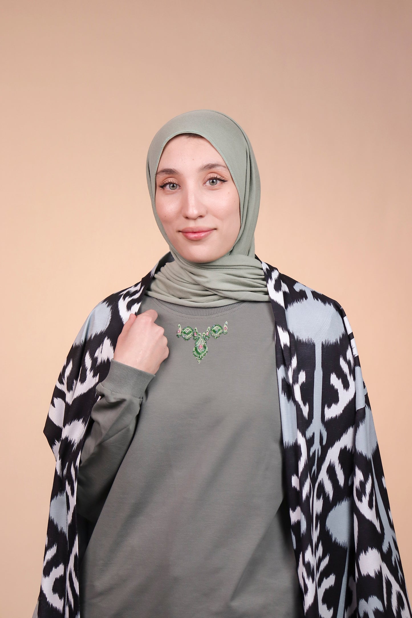 Ikat Festive - Lush Charm - Warm Olive - Hand-Beaded