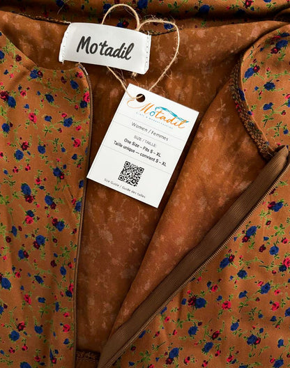 Inside of the brown maxi dress showing the MO'TADIL label and size tag
