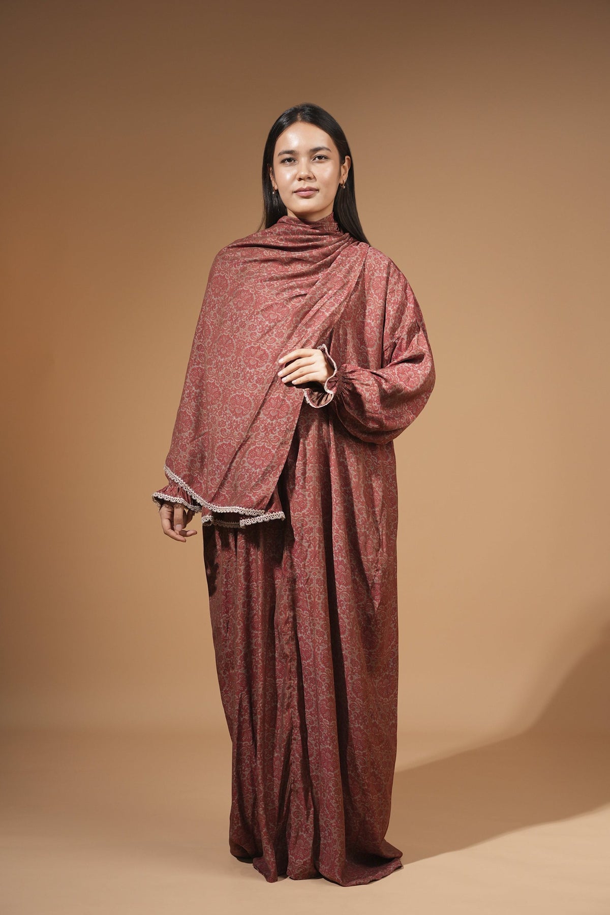 Front view of the maroon floral lyocell dress with built-in scarf