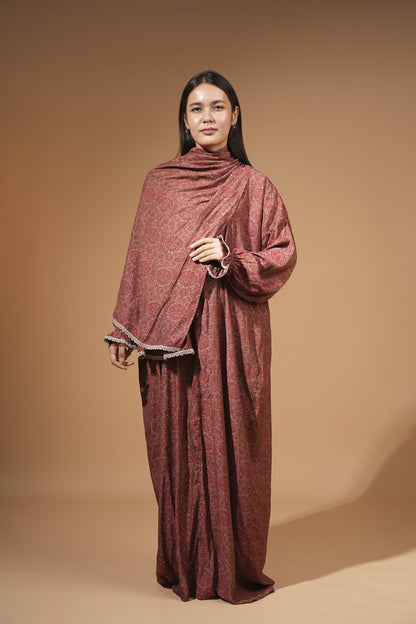 Front view of the maroon floral lyocell dress with built-in scarf