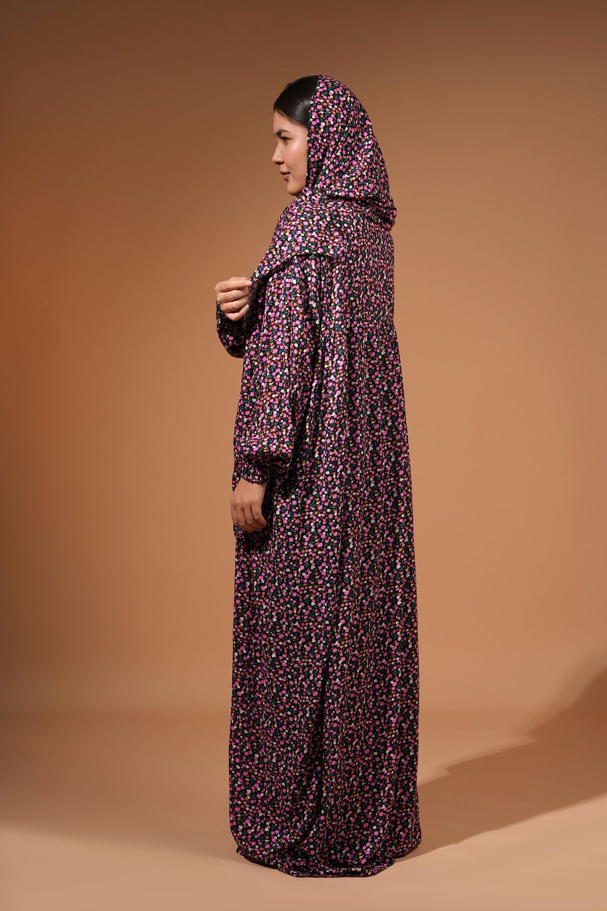 Side view of the pink floral maxi dress with built-in scarf