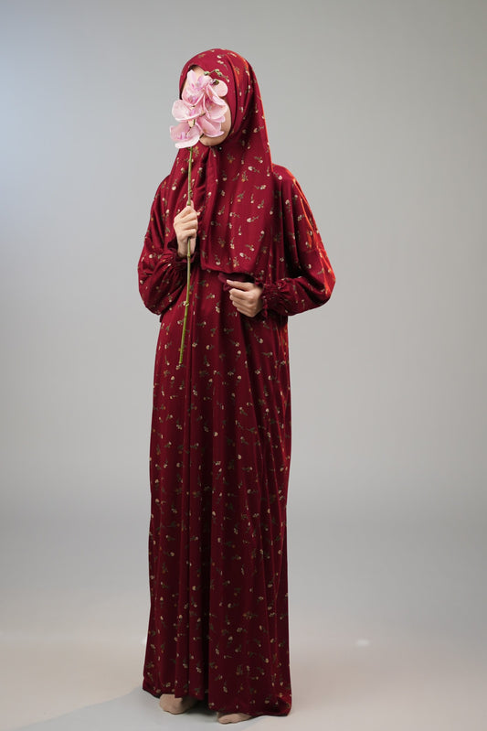 Cotton Floral Girls Dress with Built-in Scarf – Cherry Red