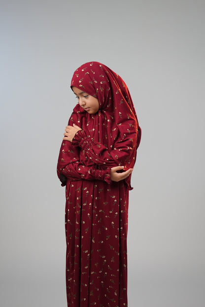 Cotton Floral Girls Dress with Built-in Scarf – Cherry Red