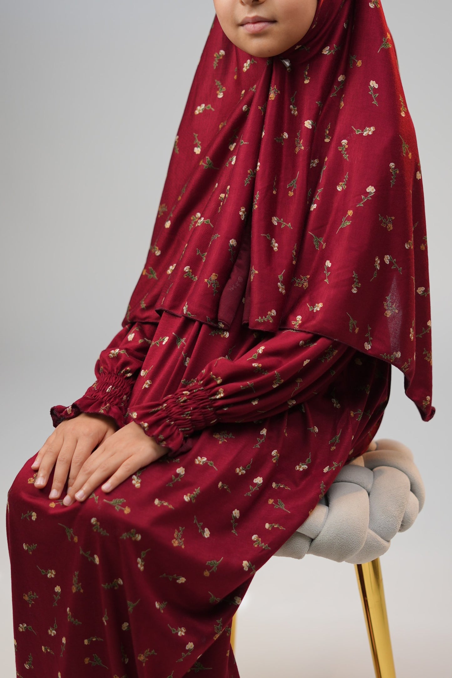 Cotton Floral Girls Dress with Built-in Scarf – Cherry Red