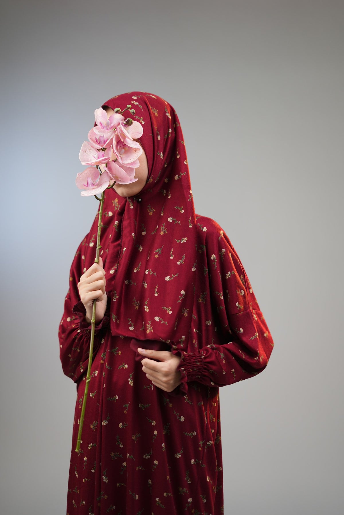 Cotton Floral Girls Dress with Built-in Scarf – Cherry Red