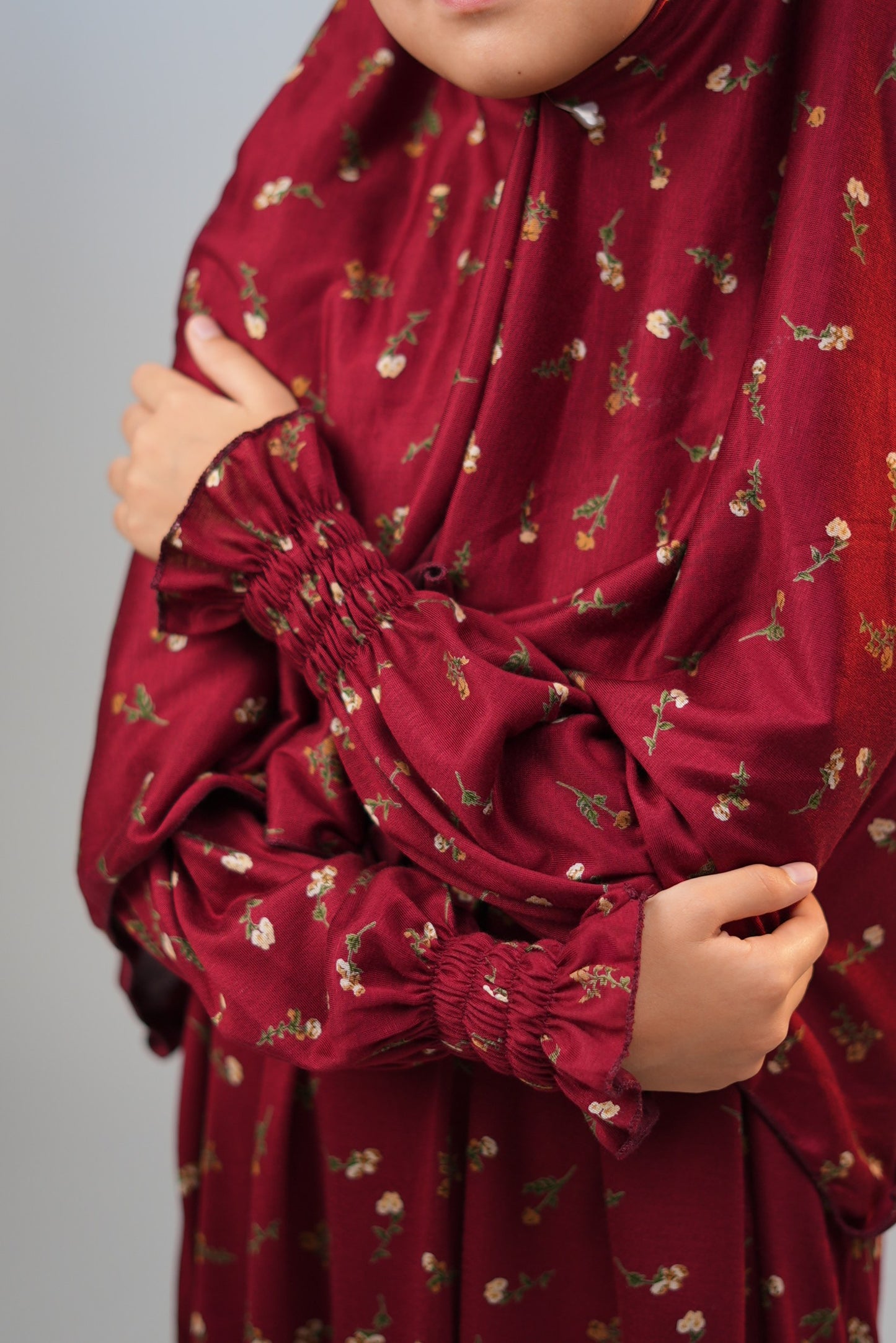 Cotton Floral Girls Dress with Built-in Scarf – Cherry Red
