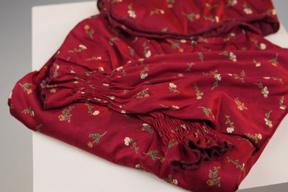 Cotton Floral Girls Dress with Built-in Scarf – Cherry Red