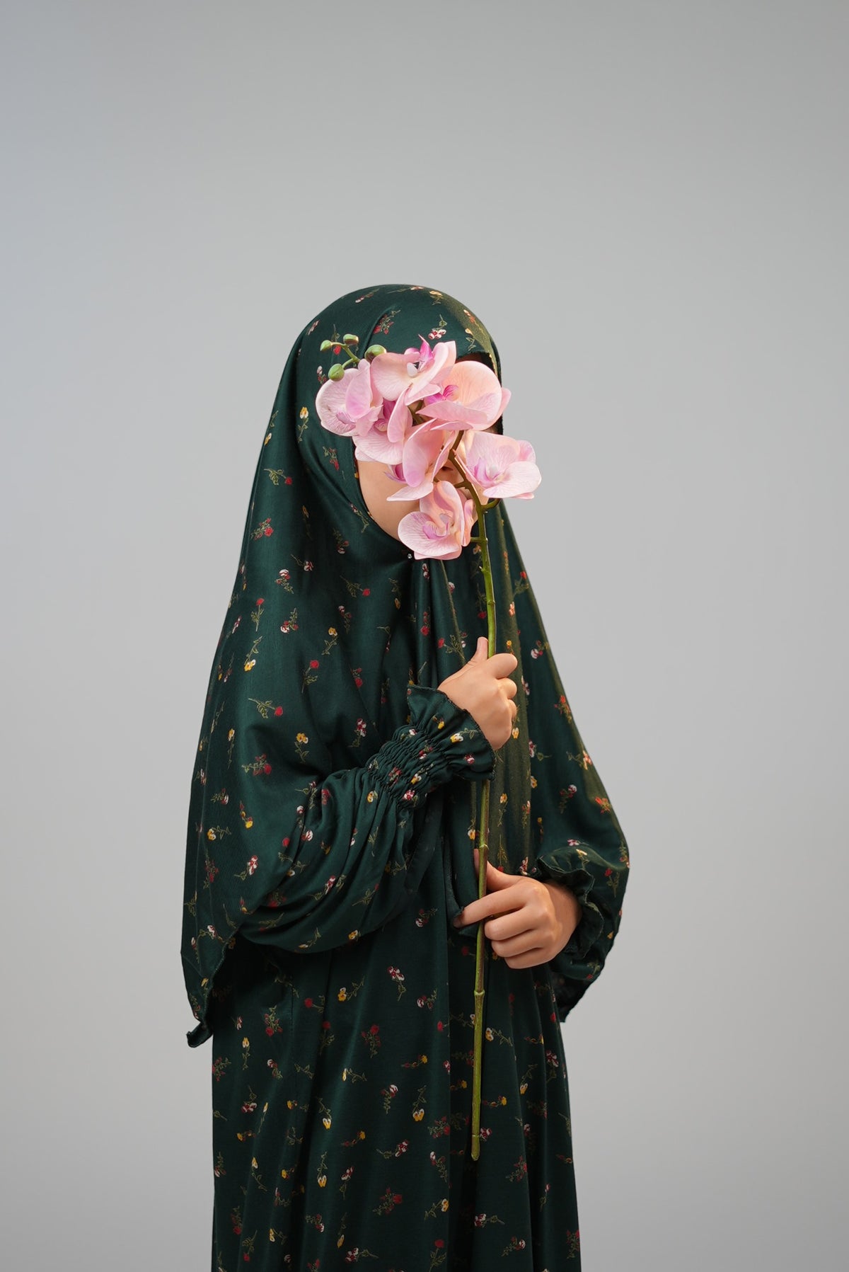 Cotton Floral Girls Dress with Built-in Scarf – Forest Green