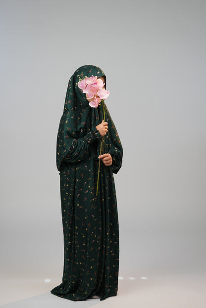 Cotton Floral Girls Dress with Built-in Scarf – Forest Green