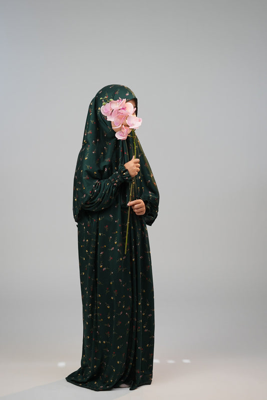 Cotton Floral Girls Dress with Built-in Scarf – Forest Green