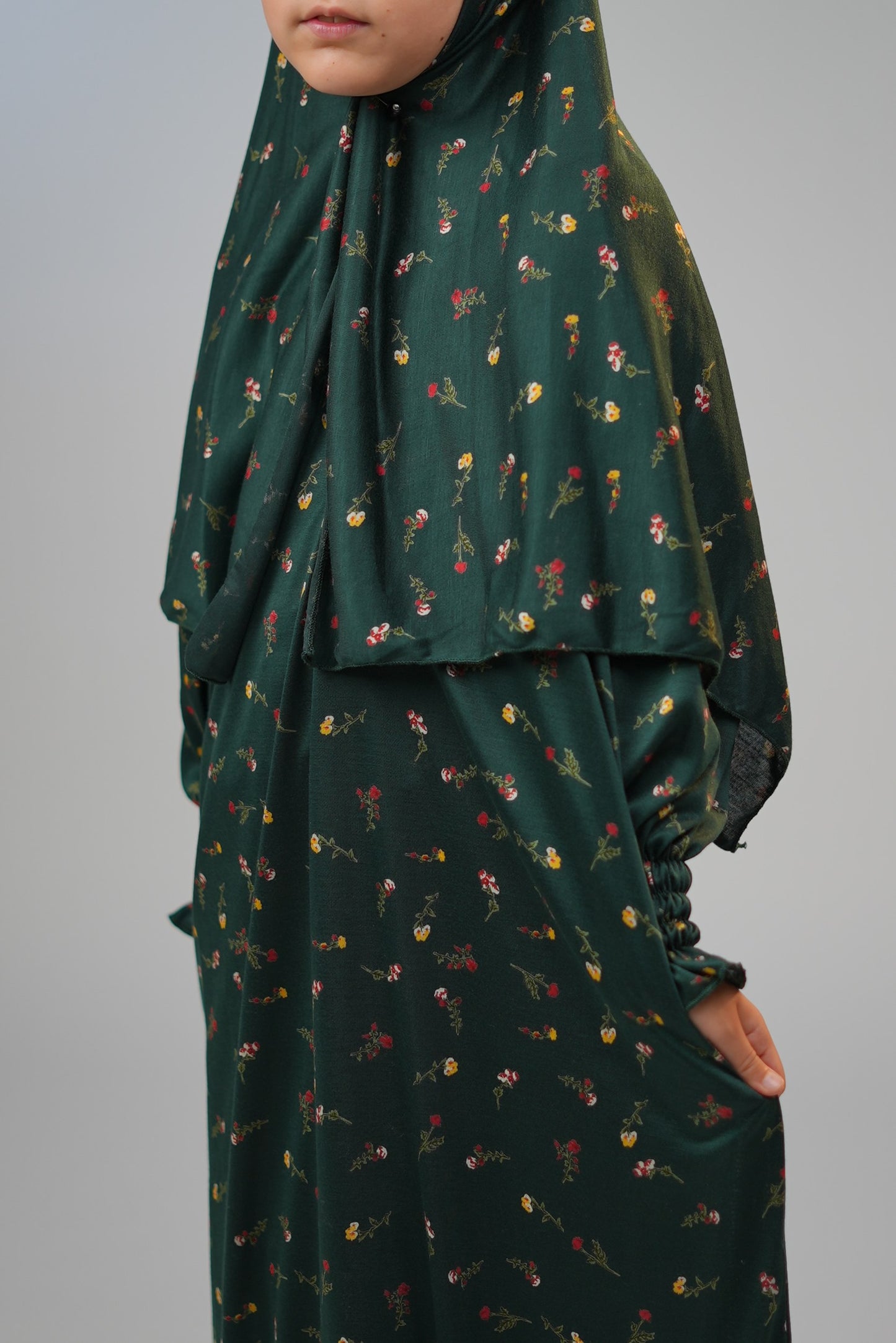 Cotton Floral Girls Dress with Built-in Scarf – Forest Green