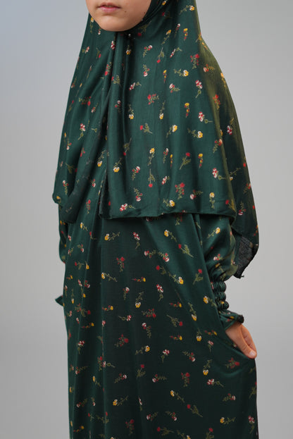 Cotton Floral Girls Dress with Built-in Scarf – Forest Green