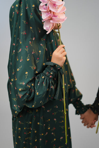 Cotton Floral Girls Dress with Built-in Scarf – Forest Green