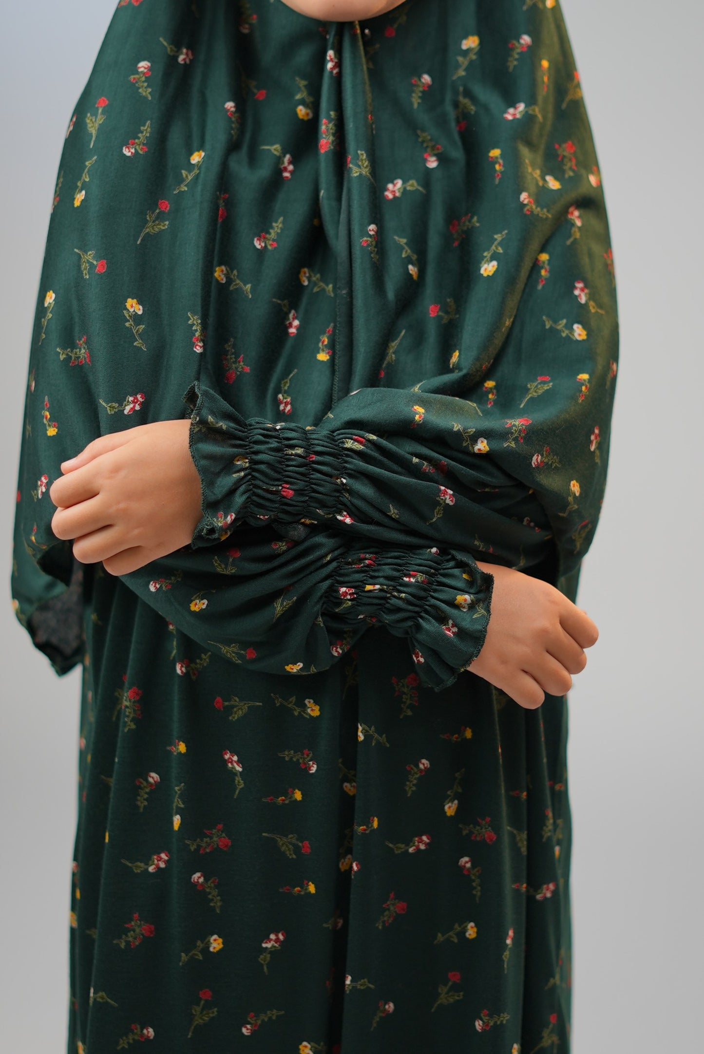 Cotton Floral Girls Dress with Built-in Scarf – Forest Green