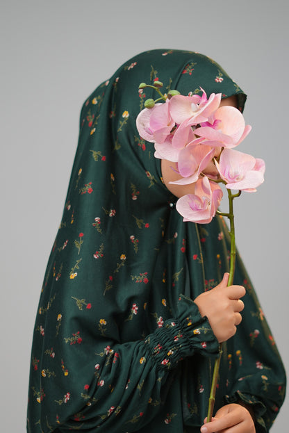 Cotton Floral Girls Dress with Built-in Scarf – Forest Green