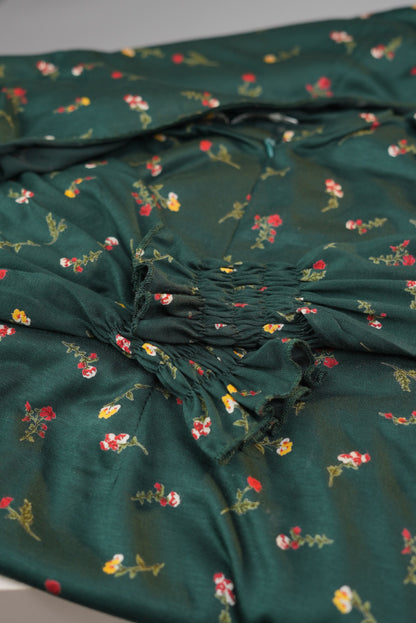 Cotton Floral Girls Dress with Built-in Scarf – Forest Green