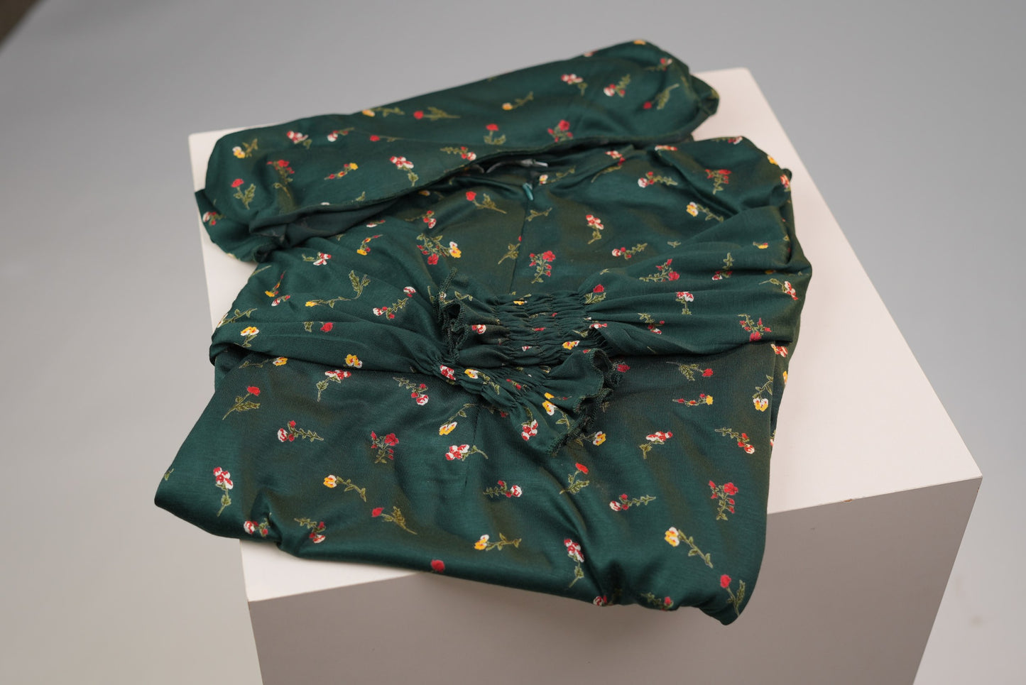 Cotton Floral Girls Dress with Built-in Scarf – Forest Green