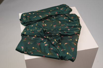 Cotton Floral Girls Dress with Built-in Scarf – Forest Green