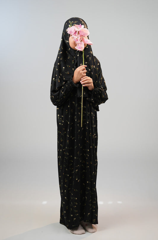 Cotton Floral Girls Dress with Built-in Scarf – Midnight Black