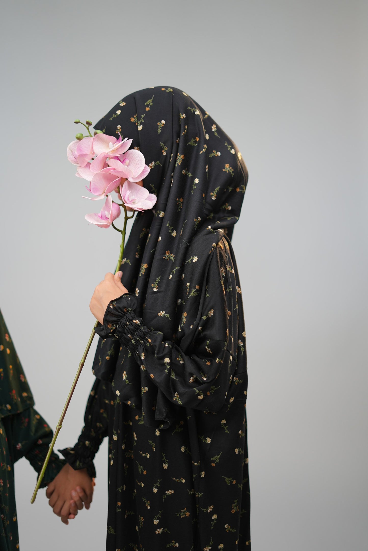 Cotton Floral Girls Dress with Built-in Scarf – Midnight Black
