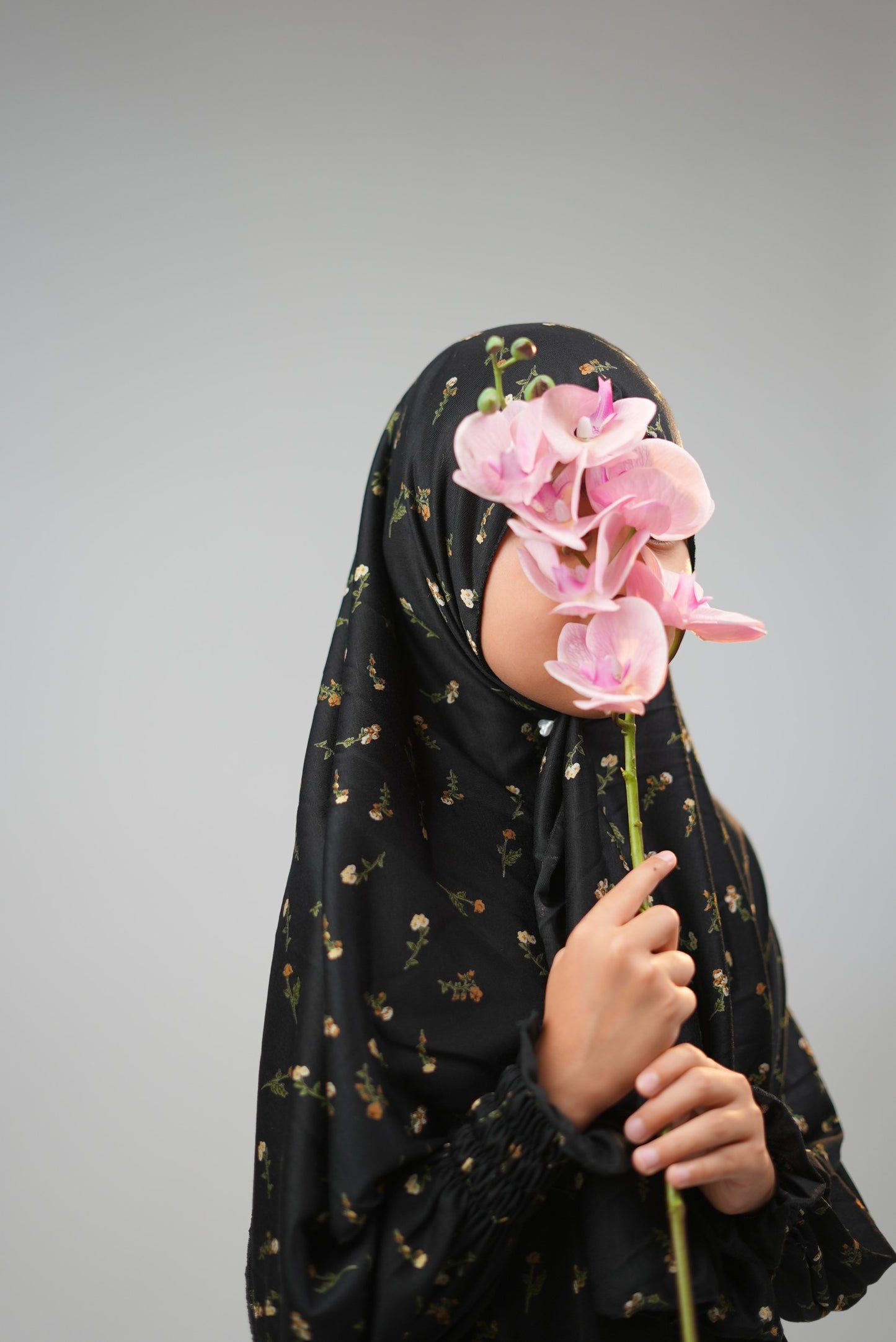 Cotton Floral Girls Dress with Built-in Scarf – Midnight Black