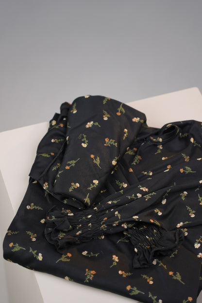 Cotton Floral Girls Dress with Built-in Scarf – Midnight Black