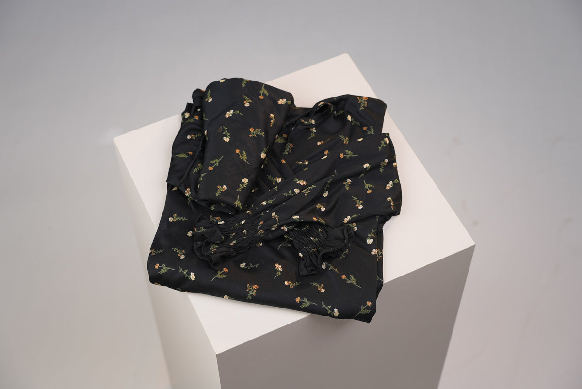 Cotton Floral Girls Dress with Built-in Scarf – Midnight Black